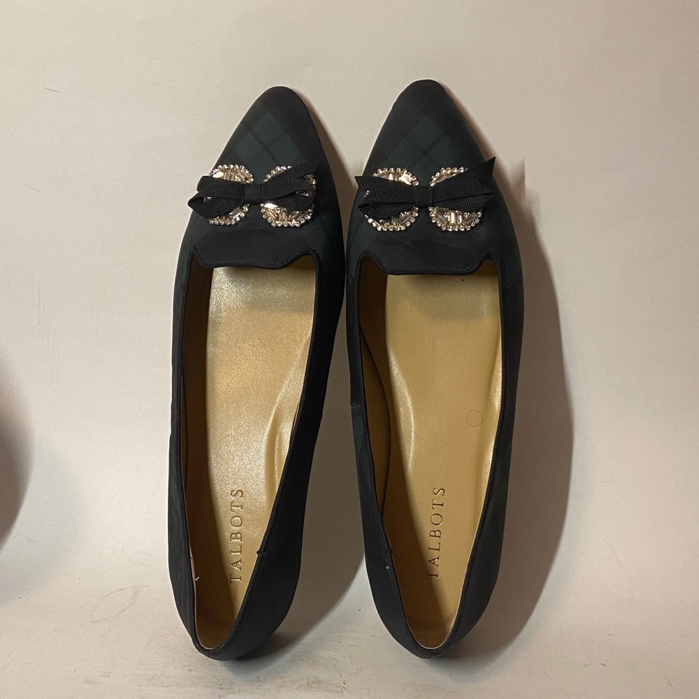 Talbots Grace Garland Green Tartan Crystal Bow Evening Formal Ballet Flats sz 9
